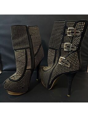 Sheikh Size 10 Black Studded High Heel Platform Ankle Boots with Buckles